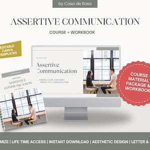 以下が含まれることがあります： アサーティブコミュニケーションのコースとワークブックの広告。コースの内容が表示されたコンピューター画面、ワークブック、および「Course Material Package & Workbook」と書かれた赤いバッジが画像に表示されています。
