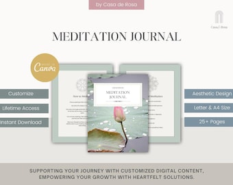 May include: A digital printable meditation journal featuring a pink lotus flower on the cover. The journal includes sections on how to meditate, types of meditations, and a meditation log. The journal is available in letter and A4 sizes and has 25+ pages.