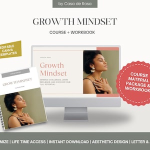 Puede incluir: Una descarga digital para un curso y un libro de trabajo sobre mentalidad de crecimiento. La imagen muestra una pantalla de computadora que muestra el título de un curso y una mujer con las manos juntas frente a ella. El material del curso también está disponible como un libro de trabajo imprimible.