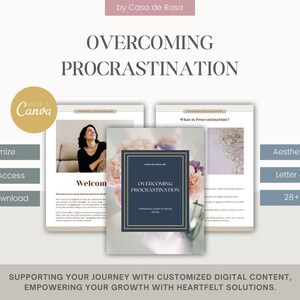 May include: A digital product cover featuring a floral design with a blue and gold frame. The text "Overcoming Procrastination" is displayed in a white font on a dark blue background. The cover also includes the text "A Practical Guide to Taking Action".