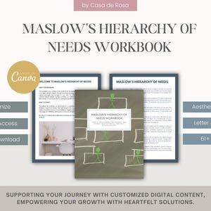 May include: A digital workbook titled "Maslow's Hierarchy of Needs Workbook" with a green and white illustration of a pyramid with stick figures. The workbook is described as having an aesthetic design, letter and A4 size, and 61+ pages.