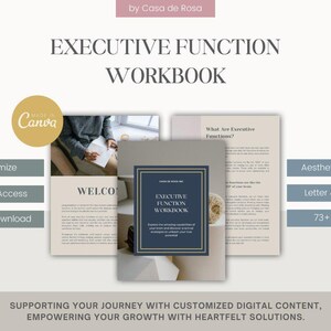 May include: A digital workbook titled "Executive Function Workbook" with a blue and gold cover. The workbook is designed to help people understand and improve their executive functions. The image also includes text about the workbook's features, such as customisable access, lifetime access, and instant download.