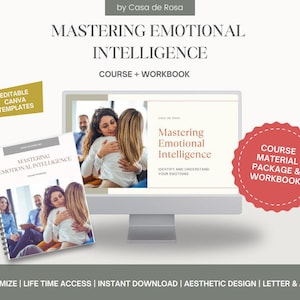Puede incluir: Una descarga digital para un curso y un libro de trabajo sobre el dominio de la inteligencia emocional. El curso incluye plantillas de Canva editables y un libro de trabajo digital. La imagen muestra una pantalla de computadora con el título del curso y una foto de dos mujeres abrazándose. El curso se titula "Dominar la inteligencia emocional: Identificar y comprender tus emociones".
