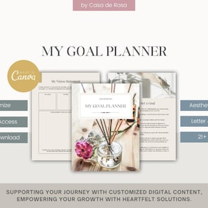 May include: A digital goal planner with the title "MY GOAL PLANNER" in a minimalist design. The image includes pages with vision statements and goal-setting prompts. Features include customization, lifetime access, and instant download. The planner is available in Letter & A4 size.