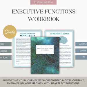 Peut inclure: Un classeur numérique intitulé "Executive Functions Workbook" avec un design abstrait bleu et turquoise. Le classeur comprend des informations sur le dysfonctionnement exécutif et le cortex préfrontal. Il est personnalisable, offre un accès à vie et est disponible en téléchargement instantané. Le classeur compte plus de 73 pages et est disponible en format lettre et A4.
