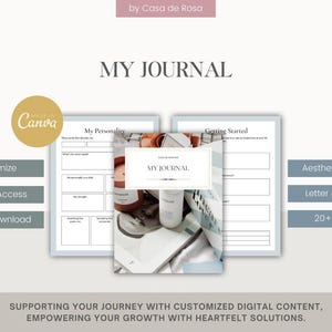 May include: A digital journal with a minimalist design featuring a white background and gray text. The journal cover has the text "MY JOURNAL." The journal includes sections for "My Personality" and "Getting Started".