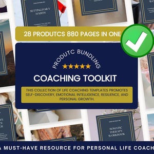 Może przedstawiać: Kolaż 28 szablonów coachingu życiowego, każdy z innym tytułem i wzorem. Szablony są ułożone w siatkę i charakteryzują się różnorodnością kolorów i czcionek. Tekst "28 PRODUTCS 880 PAGES IN ONE" jest wyświetlany u góry kolażu. Tekst "PRODUTC BUNDLI COACHING TOOLKIT" jest wyświetlany dużą, pogrubioną czcionką w środku kolażu. Tekst "THIS COLLECTION OF LIFE COACHING TEMPLATES PROMOTES SELF-DISCOVERY, EMOTIONAL INTELLIGENCE, RESILIENCE, AND PERSONAL GROWTH." jest wyświetlany pod tytułem.