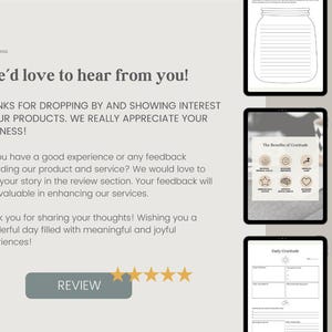 May include: A digital illustration of a jar with lines for writing, a grid with the text "The Benefits of Gratitude" and a grid with the text "Daily Gratitude". The text "We'd love to hear from you!" is at the top of the image. The text "REVIEW" is at the bottom of the image with five stars.