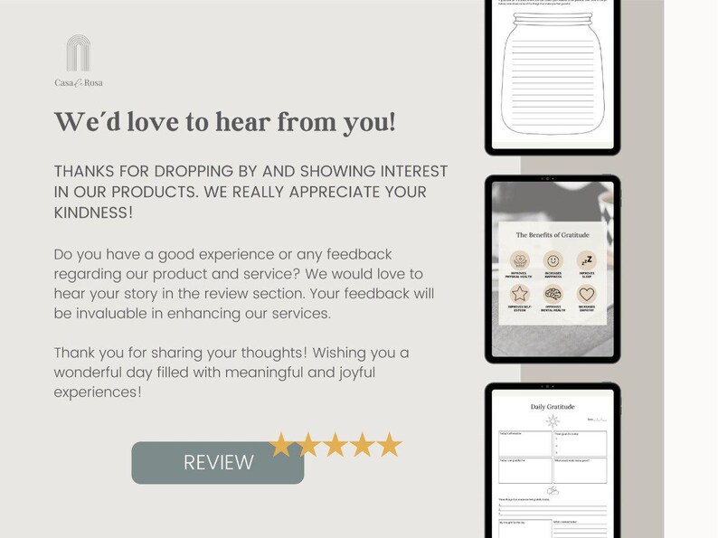 May include: A digital illustration of a jar with lines for writing, a grid with the text "The Benefits of Gratitude" and a grid with the text "Daily Gratitude". The text "We'd love to hear from you!" is at the top of the image. The text "REVIEW" is at the bottom of the image with five stars.