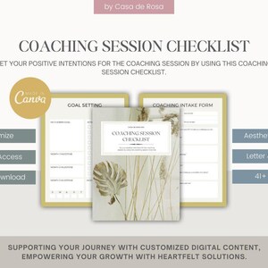 May include: A digital coaching session checklist with a neutral aesthetic. The checklist includes goal setting and coaching intake forms. Features include customization, lifetime access, and instant download. The design is available in Letter and A4 sizes, with over 41 pages.