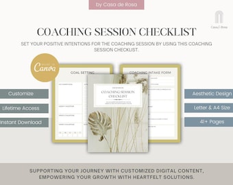 May include: A digital coaching session checklist with a neutral aesthetic. The checklist includes goal setting and coaching intake forms. Features include customization, lifetime access, and instant download. The design is available in Letter and A4 sizes, with over 41 pages.