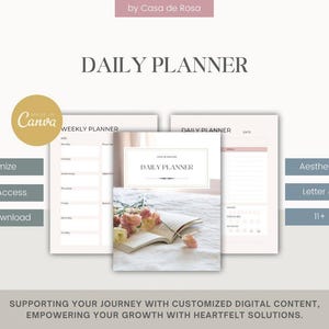 May include: A digital planner with a floral design. The planner includes a weekly planner and a daily planner. The text "DAILY PLANNER" is displayed in a bold, serif font. The planner is available in letter and A4 sizes and includes 11+ pages.
