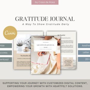May include: A digital printable gratitude journal with a beige and white colour scheme. The cover features the text "Gratitude Journal" and the words "A Way To Show Gratitude Daily". The journal is available for instant download and includes 20+ pages.