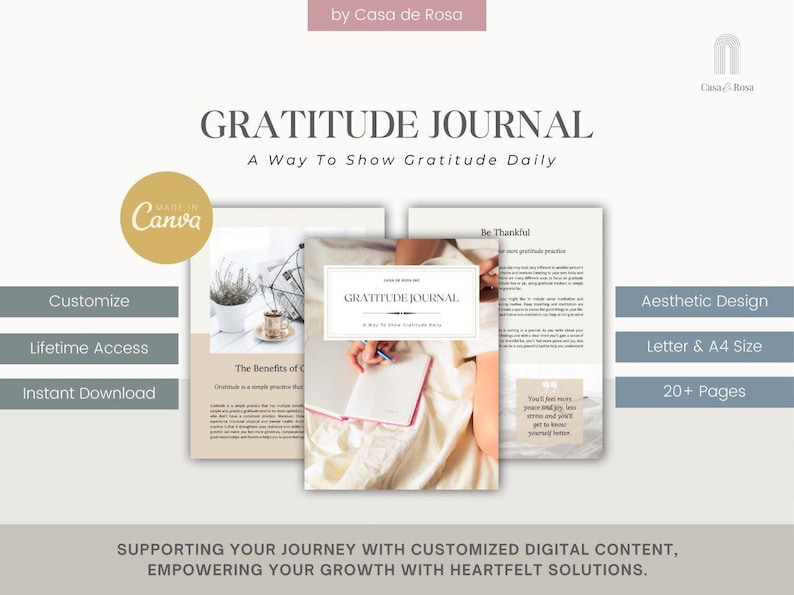 May include: A digital printable gratitude journal with a beige and white colour scheme. The cover features the text "Gratitude Journal" and the words "A Way To Show Gratitude Daily". The journal is available for instant download and includes 20+ pages.
