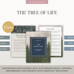 May include: A digital product listing for a printable workbook titled "The Tree of Life: Narrative Therapy Workbook". The workbook features a forest background with a blue and gold frame. The listing highlights features such as customizable content, lifetime access, and instant download.
