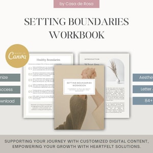 May include: A digital workbook titled "Setting Boundaries Workbook: A Workbook to Help You Create Healthy Boundaries and Find Your Voice" with a beige cover featuring two hands clasped together. The workbook is available for instant download and includes 84+ pages.