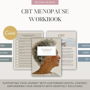 Może przedstawiać: Cyfrowy zeszyt ćwiczeń zatytułowany "CBT Menopause Workbook" autorstwa Casa de Rosa. Na okładce widnieje profil kobiety z siwymi włosami i białą koszulą. Zeszyt ćwiczeń został stworzony, aby pomóc ludziom w radzeniu sobie z objawami menopauzy za pomocą terapii poznawczo-behawioralnej (CBT).
