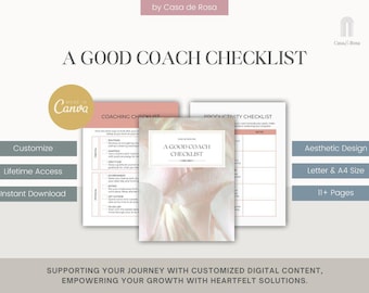 May include: A printable checklist for coaches with a pink and white floral design. The checklist includes sections for coaching and productivity. The text "A Good Coach Checklist" is featured in the centre of the image.