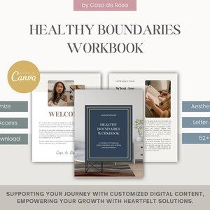 May include: A digital workbook titled "Healthy Boundaries Workbook" with a blue and gold cover. The workbook is designed to help people set and maintain healthy boundaries in their lives. The cover features a simple design with a gold border and the title in white text. The workbook is available for instant download and includes 52+ pages.