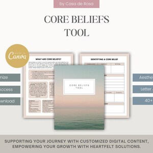 May include: Digital Core Beliefs Tool with a serene ocean-themed cover. The tool includes pages titled "What Are Core Beliefs?" and "Identifying a Core Belief." Features include customization, lifetime access, and instant download. Aesthetic design, Letter & A4 size, and 40+ pages.