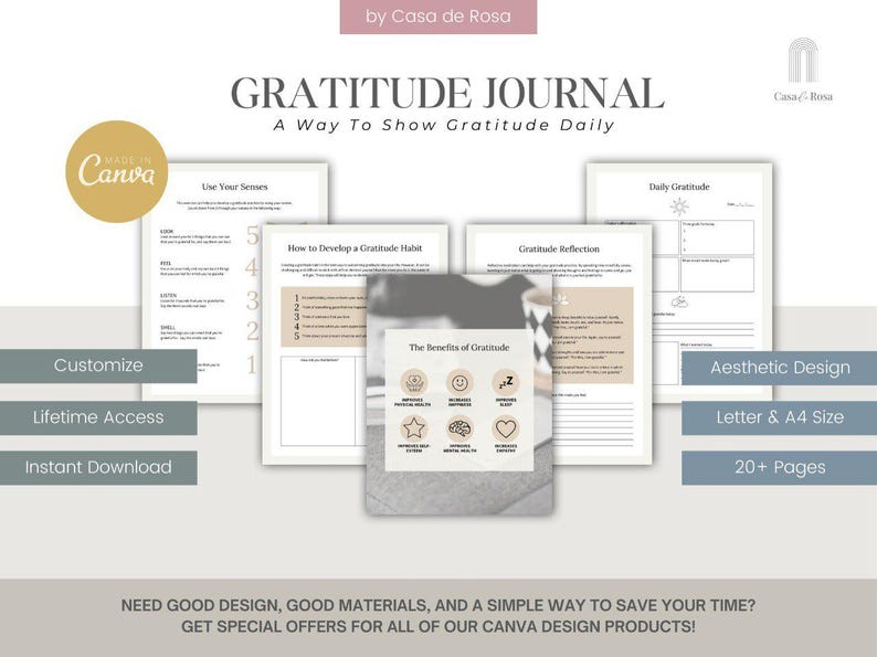 May include: A printable gratitude journal with a beige and white colour scheme. The journal includes pages for daily gratitude, gratitude reflection, and how to develop a gratitude habit. The journal is available in letter and A4 size and has 20+ pages.