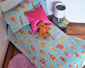 Handmade Barbie 11” Fashion Doll Bedding Set Pillows, Comforter, Rug Ice Cream Dreams