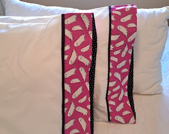 Handmade Halloween Pillowcases: Pink Ghosts, Magenta Trim (Set of 2)