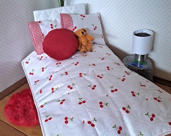 Handmade Barbie 11” Fashion Doll Bedding Set Pillows, Comforter, Rug Red Cherries Cherry Gingham