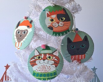 Handmade Cat Christmas Ornaments: Holiday Kitty Gift Tags, Set of 4