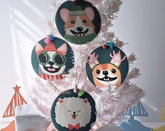Handmade Puppy Dog Christmas Ornaments: Cotton Fabric, Jingle Bells (Set of 4)
