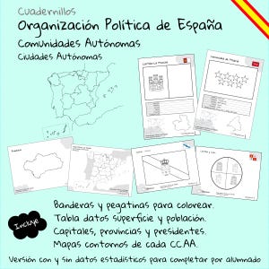 Puede incluir: Conjunto de hojas de trabajo educativas sobre la organización política de España. Incluyen mapas, banderas y tablas de datos para colorear. El texto incluye "Organización Política de España" y "Comunidades Autónomas".
