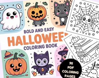 May include: A Halloween-themed coloring book with the text "BOLD AND EASY HALLOWEEN COLORING BOOK." The cover features cartoon illustrations of a ghost, pumpkin, cat, spider, and bat. The book includes 95 PDF coloring pages.