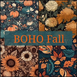 May include: A collage of four fall-themed patterns. The patterns feature pumpkins, chrysanthemums, sunflowers, and autumn leaves in shades of orange, teal, and brown. The text "BOHO Fall" is overlaid on the image.