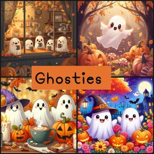 Può includere: Un collage di quattro illustrazioni a tema Halloween con personaggi fantasma sorridenti. Le immagini includono zucche, foglie autunnali e una scena di caffè. Il testo "Ghosties" è visualizzato su uno striscione arancione.