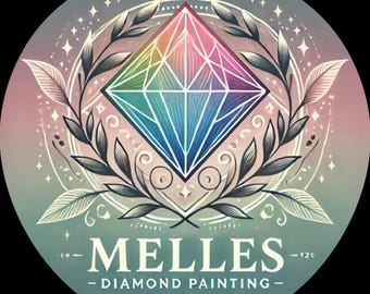May include: Circular logo design featuring a multi-colored diamond shape at the center, surrounded by a wreath of leaves and stars. The text "MELLES - DIAMOND PAINTING" is displayed below the diamond. The color palette includes shades of blue, pink, and green.