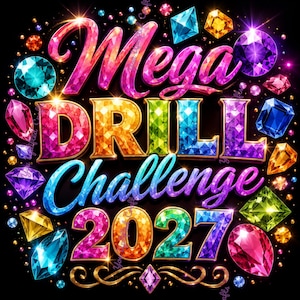 Pode incluir: Um design gráfico exibindo o texto Mega DRILL Challenge 2027 em um estilo de pedras preciosas facetadas de cores vibrantes. As letras e números estão rodeados por várias joias soltas, brilhantes e coloridas sobre um fundo escuro.