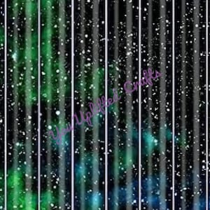 May include: Abstract digital art print with vertical white stripes on a black background. The background features a blurry, colourful nebula with shades of green, blue, and purple.