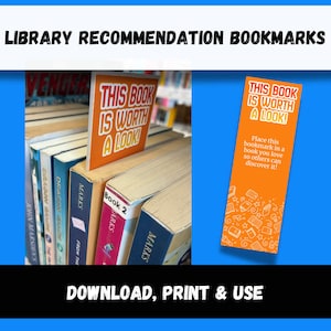 Könnte beinhalten: Orangefarbene Lesezeichen mit dem Text "THIS BOOK IS WORTH A LOOK!" werden neben einem Stapel Bücher gezeigt. Das Bild enthält auch den Text "LIBRARY RECOMMENDATION BOOKMARKS" und "DOWNLOAD, PRINT & USE".