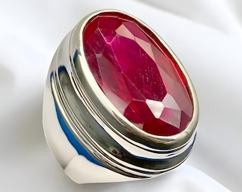 Anel de rubi de 35 quilates, anel de rubi vermelho masculino, anel de prata, anel com pedra preciosa rubi, anel de noivado, anel de rubi natural, presente de aniversário para ele, anéis masculinos