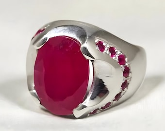Großer Rubin Ring, Roter Herren Rubinring, Silber Ring, Rubin Edelstein Ring, Verlobungsring, natürlicher Rubinring, Jubiläumsgeschenk für ihn, Herrenringe