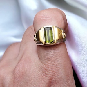 Natural Rich Green Tourmaline Gold Plated Ring Sterling Silver 925 Handmade Mens Womens Tourmaline ArtDeco Gift Real Tourmaline Jewelery