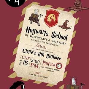 May include: A Hogwarts School birthday invitation with a red and gold color scheme. The invitation features a train, a suitcase, a cage with an owl, and a sorting hat. The text on the invitation reads "Hogwarts School of Witchcraft & Wizardry requests the presence of Sara at a magical celebration of Claire's 8th Birthday. June 15, 2:00 PM, Platform 9 3/4, 123 Rainbow Street, London. RSVP Laura at 123-456-78899."