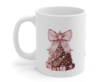 Rosa Weihnachtsbaum mit Schleife 11 Unzen Keramikbecher