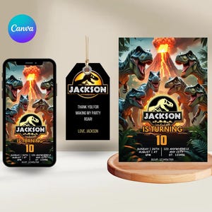 Invitación de cumpleaños jurásica editable, invitación de cumpleaños de dinosaurio, invitación de fiesta de cumpleaños de dinosaurio, invitación de fiesta de T-Rex, descarga instantánea Canva