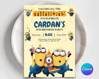 Bewerkbare sjabloon voor minion-verjaardagsuitnodiging: uitnodiging voor kinderfeestje (digitale download)