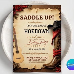 Editable Cowboy Birthday Invitation, Saddle Up And Put Your Boots On, Cowgirl Party, Western Hoedown Birthday Party Invite, Western Invite