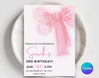 Pink Bow Birthday Invitation: Editable Girl Party Invite (Digital Download)