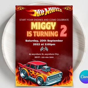 Editable Hot Cars Invitation, Hot Wheels Invitation, Hot Race Cars Birthday Template, Hot Wheels Template, Editable Kids Birthday Invitation