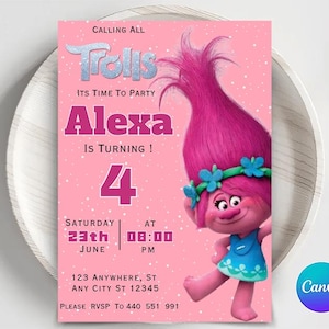 Editable Trolls Birthday Invitation, Trolls Poppy Invite, Poppy Trolls Invitation, Trolls Digital Invite, Kids Birthday Party Invite