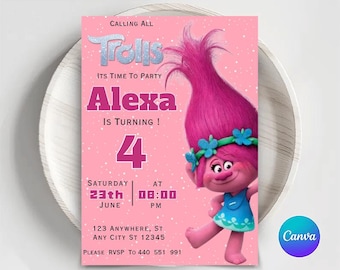 Invito di compleanno modificabile Trolls: invito alla festa di Poppy (digitale)